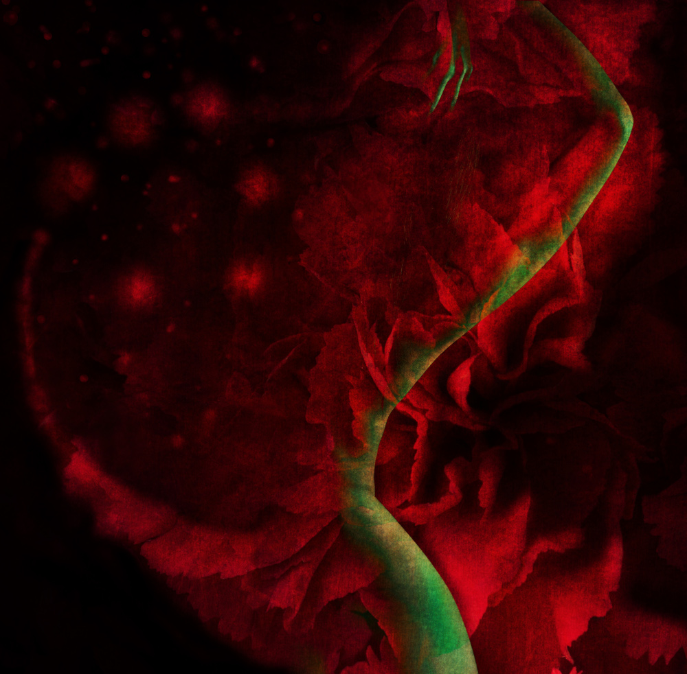 A woman dances joyfully in front of a bold red rose and red circles, highlighting the harmony between nature and movement.